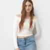 Camiseta manga larga escote Bardot Off white