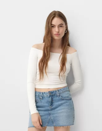 Camiseta manga larga escote Bardot Off white