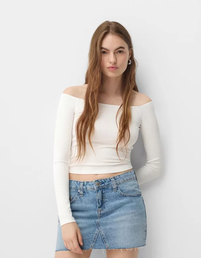 Camiseta manga larga escote Bardot Off white