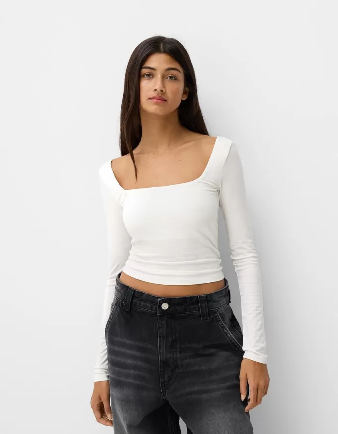 Camiseta manga larga escote cuadrado Off white