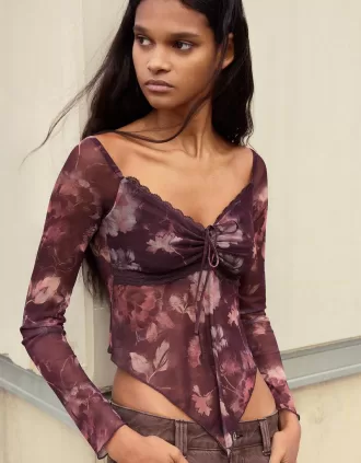 Camiseta manga larga tul estampado Maroon