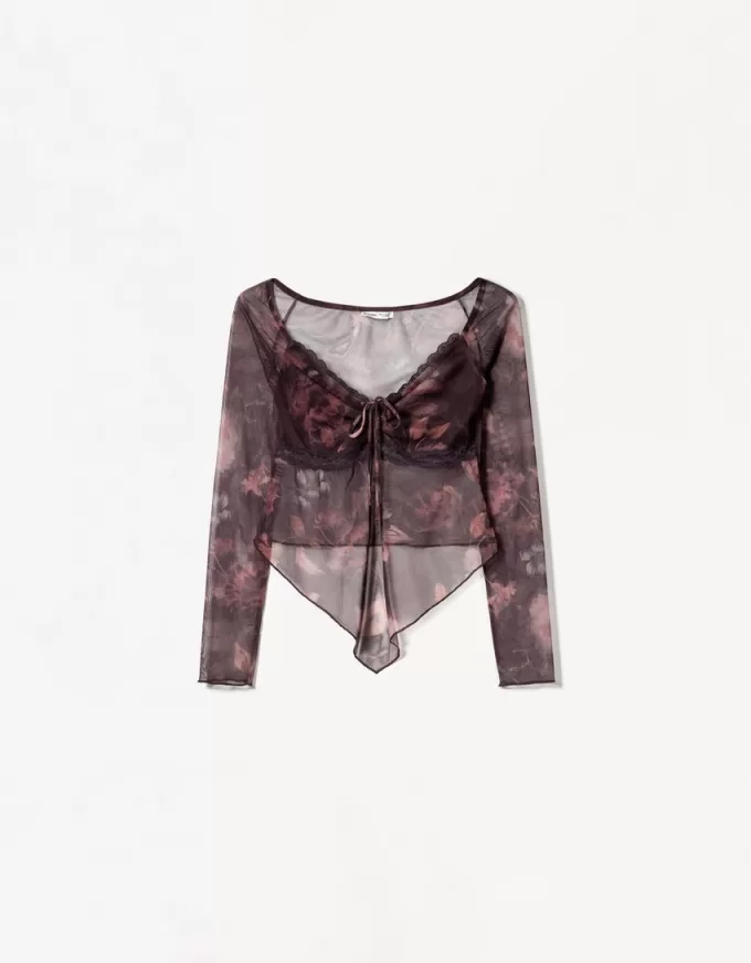 Camiseta manga larga tul estampado Maroon