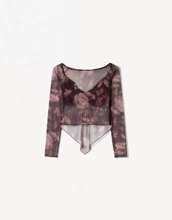 Camiseta manga larga tul estampado Maroon