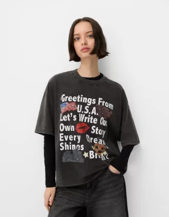 Camiseta oversize estampada de manga corta Grey