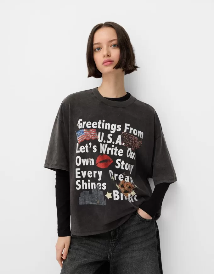 Camiseta oversize estampada de manga corta Grey