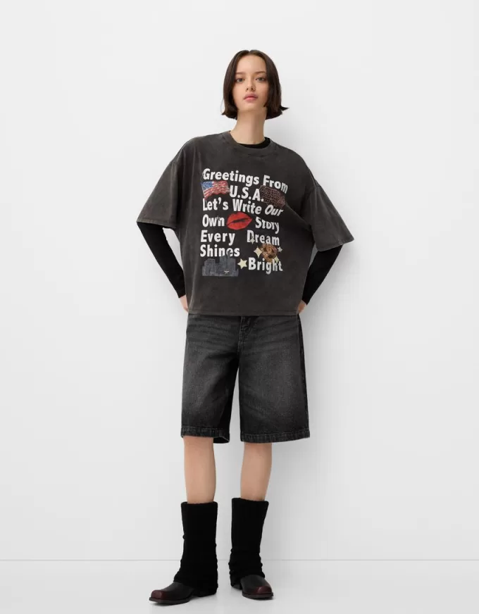 Camiseta oversize estampada de manga corta Grey