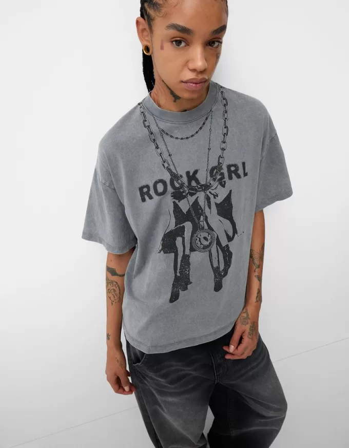 Camiseta oversize estampada de manga corta Grey