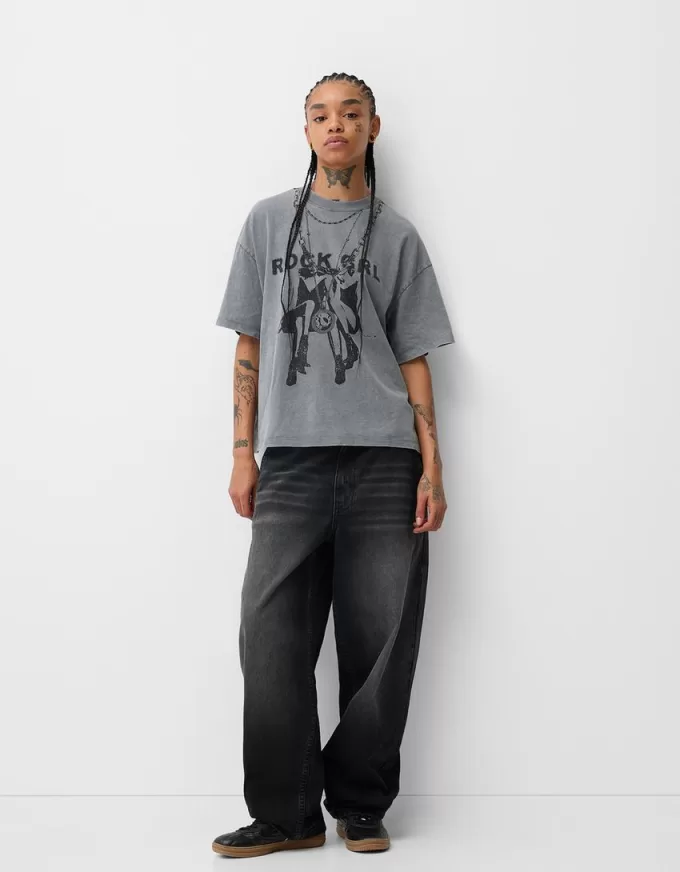 Camiseta oversize estampada de manga corta Grey