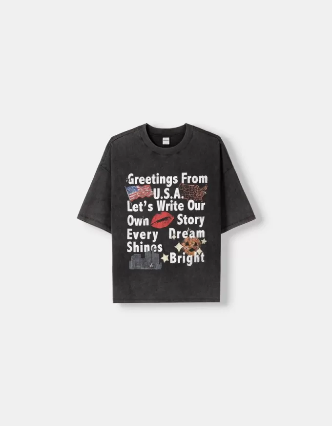 Camiseta oversize estampada de manga corta Grey