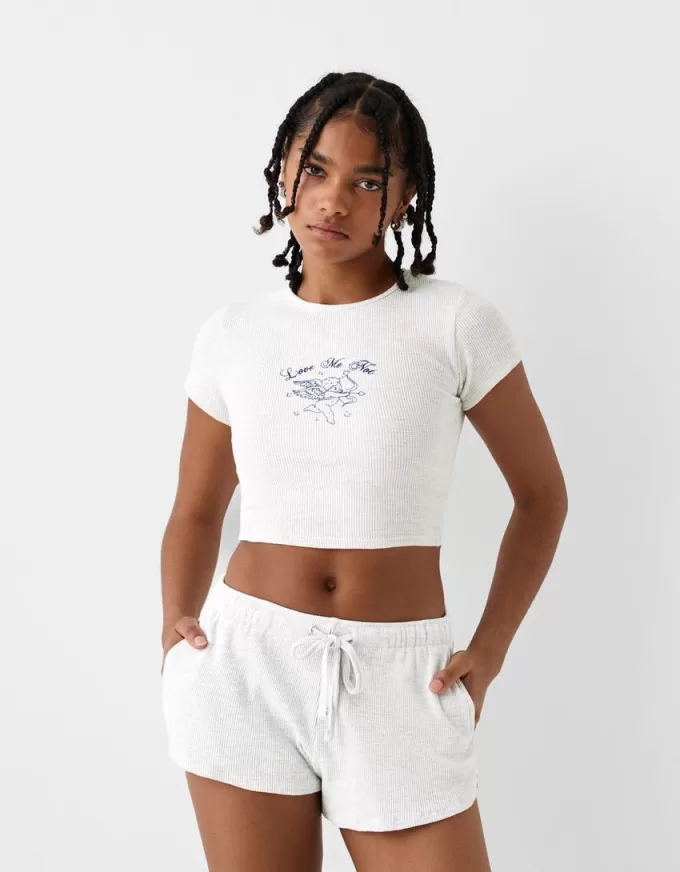 Camiseta punto gofre manga corta estampada Grey