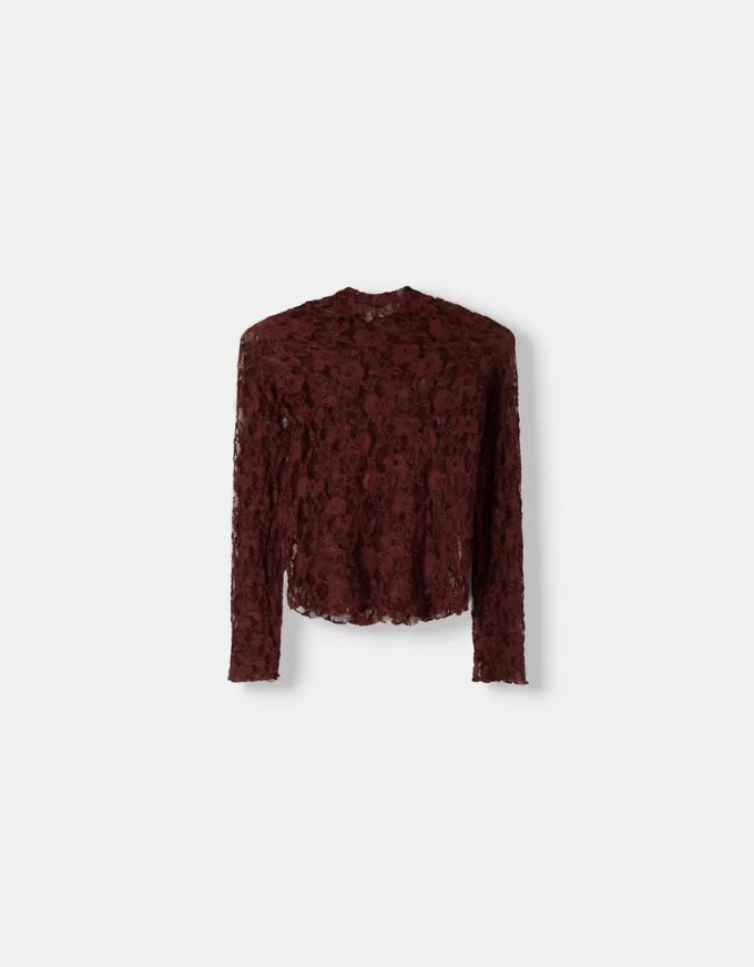 Camiseta rubia de encaje con cuello alto y manga larga Brown