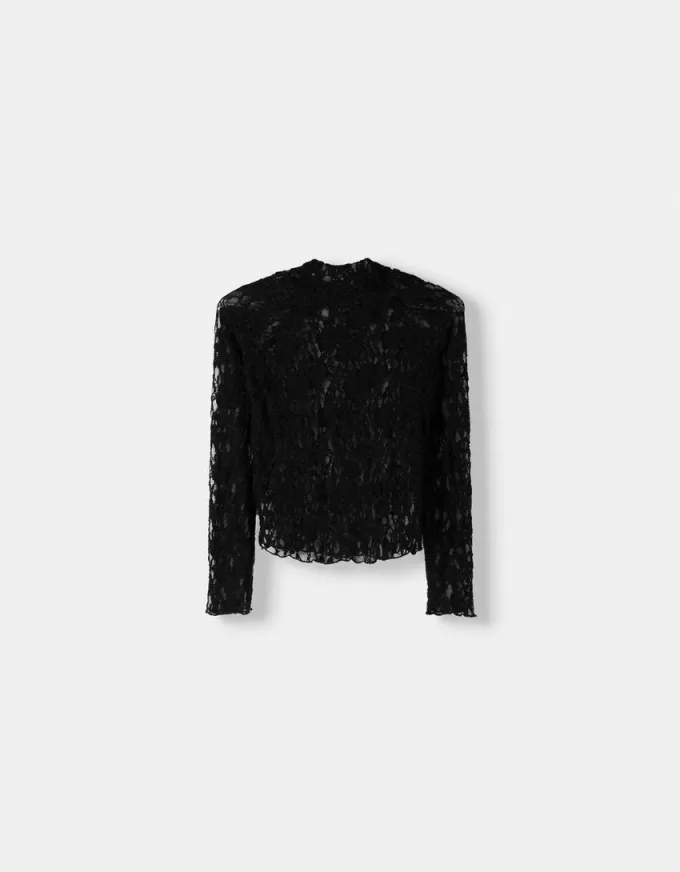 Camiseta rubia de encaje con cuello alto y manga larga Black