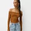 Camiseta rústica escote Bardot manga larga Light Brown