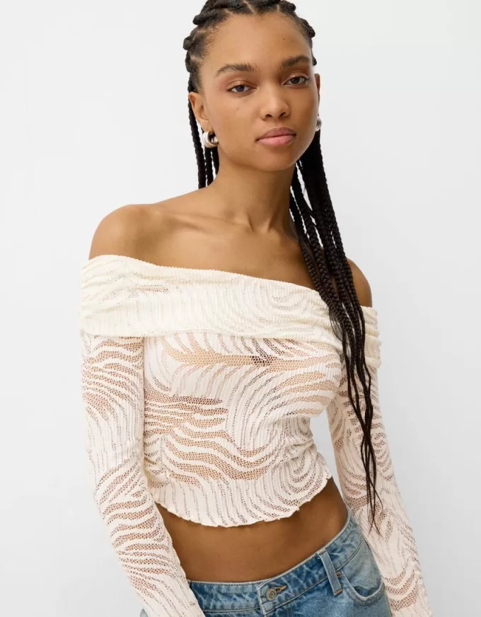Camiseta rústica escote Bardot manga larga Cream