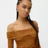 Camiseta rústica escote Bardot manga larga Light Brown
