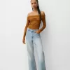 Camiseta rústica escote Bardot manga larga Light Brown