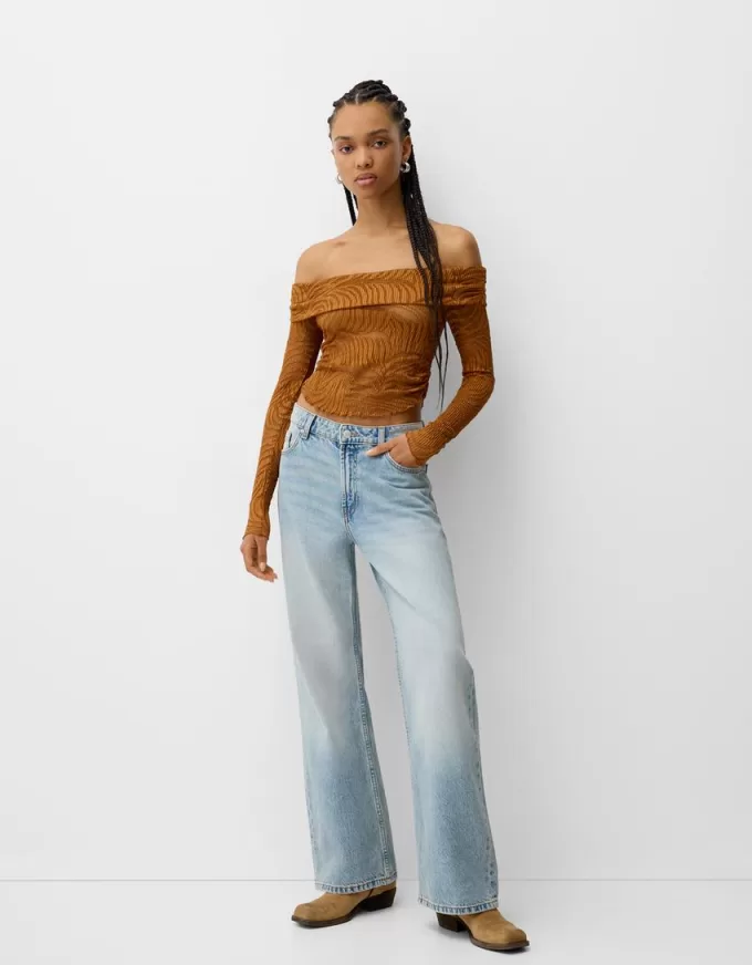 Camiseta rústica escote Bardot manga larga Light Brown