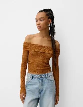 Camiseta rústica escote Bardot manga larga Light Brown