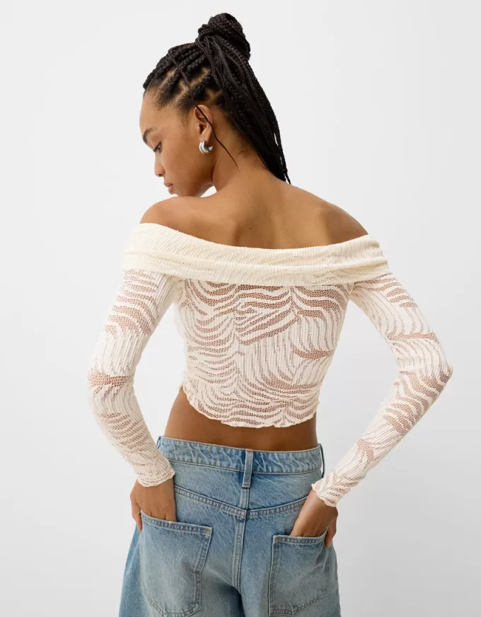 Camiseta rústica escote Bardot manga larga Cream