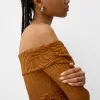 Camiseta rústica escote Bardot manga larga Light Brown