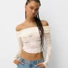 Camiseta rústica escote Bardot manga larga Cream