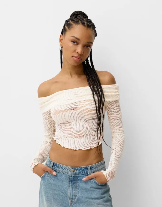 Camiseta rústica escote Bardot manga larga Cream