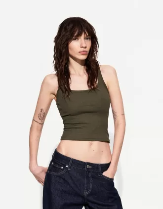 Camiseta sin mangas de canalé Khaki