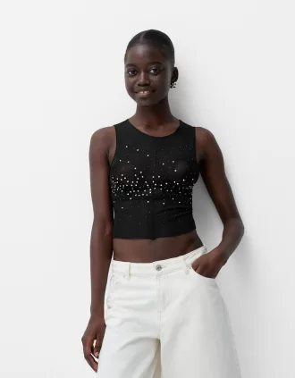 Camiseta sin mangas de tul strass Black