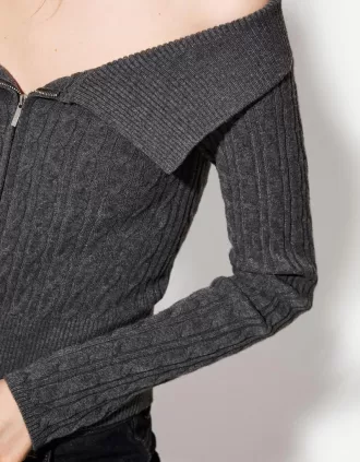 Cárdigan Bardot de punto trenzado con cremallera Grey