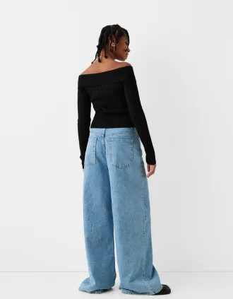 Cárdigan Bardot de punto trenzado con cremallera Black