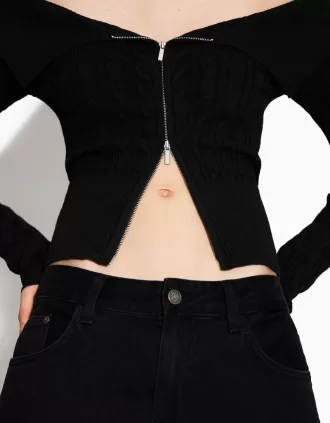 Cárdigan Bardot de punto trenzado con cremallera Black