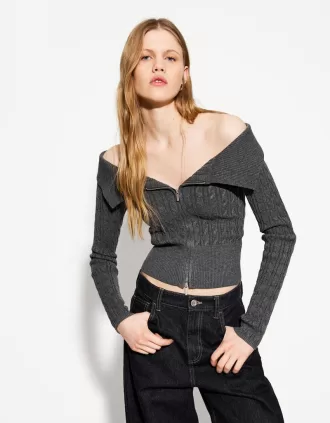 Cárdigan Bardot de punto trenzado con cremallera Grey
