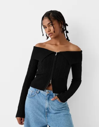 Cárdigan Bardot de punto trenzado con cremallera Black