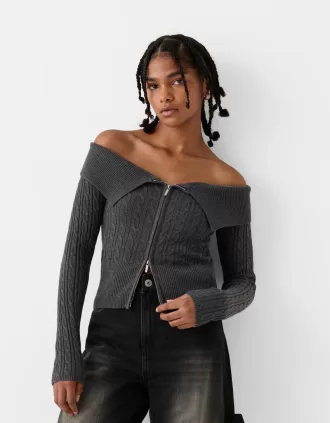 Cárdigan Bardot de punto trenzado con cremallera Grey