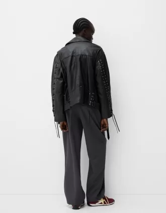 Cazadora biker de piel con detalle de lazo Black