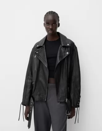 Cazadora biker de piel con detalle de lazo Black
