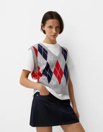 Chaleco con cuello en V y estampado de rombos Grey