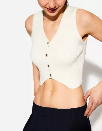 Chaleco de canalé con cuello en V Cream