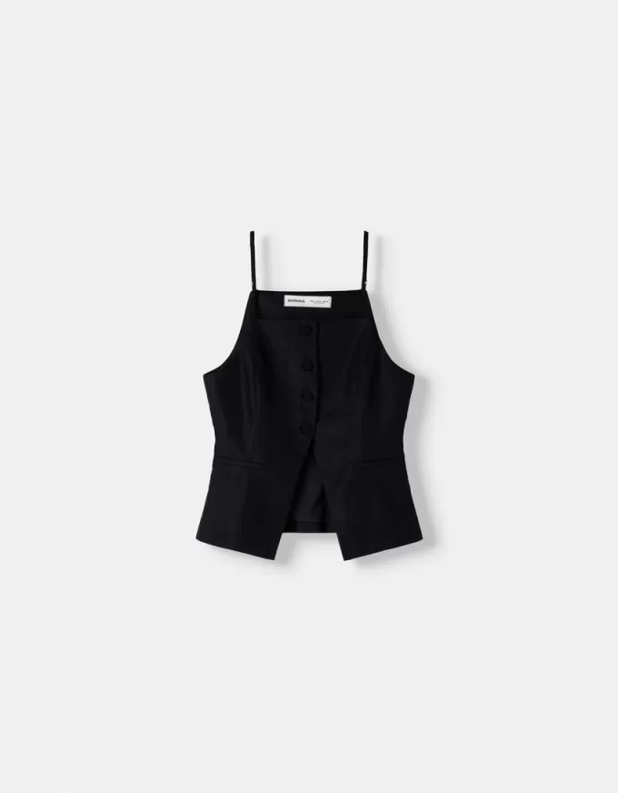 Chaleco mezcla lino tirantes Black