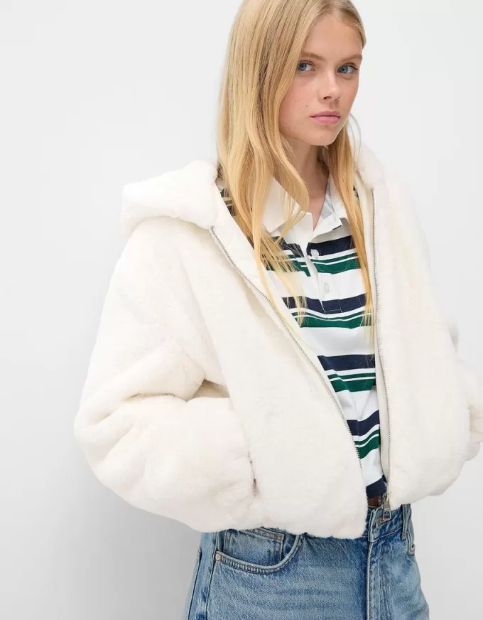Chaqueta acolchada con capucha de pelo sintético Off white