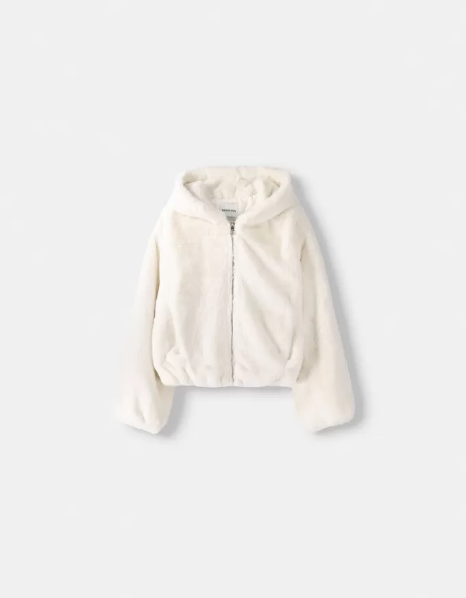 Chaqueta acolchada con capucha de pelo sintético Off white
