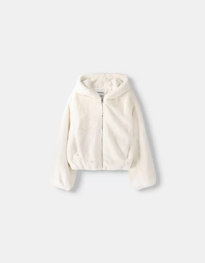 Chaqueta acolchada con capucha de pelo sintético Off white