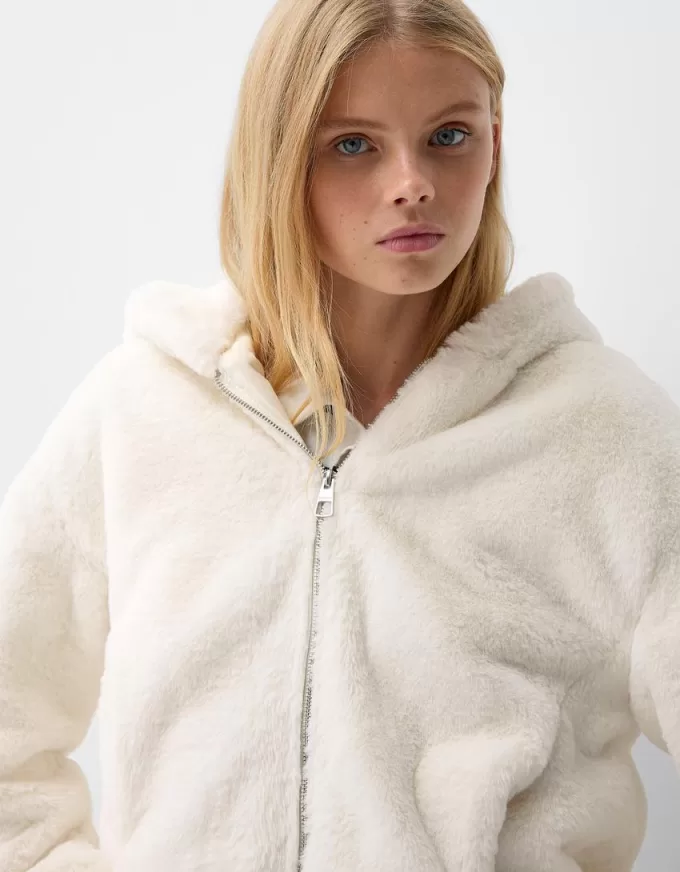 Chaqueta acolchada con capucha de pelo sintético Off white