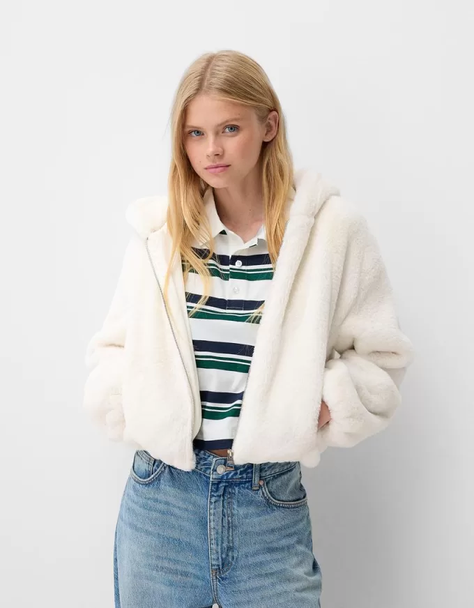 Chaqueta acolchada con capucha de pelo sintético Off white