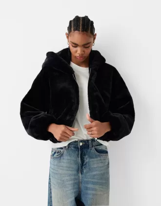 Chaqueta acolchada con capucha de pelo sintético Black