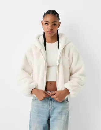 Chaqueta acolchada con capucha de pelo sintético Off white
