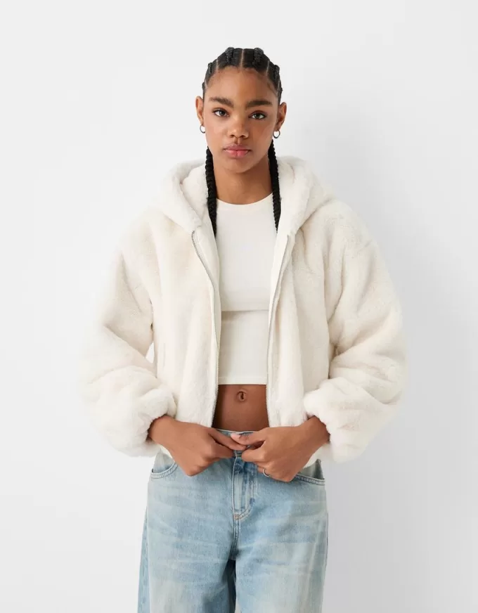 Chaqueta acolchada con capucha de pelo sintético Off white