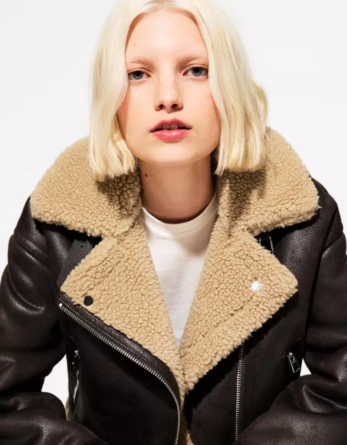 Chaqueta biker de borreguito sintético Brown