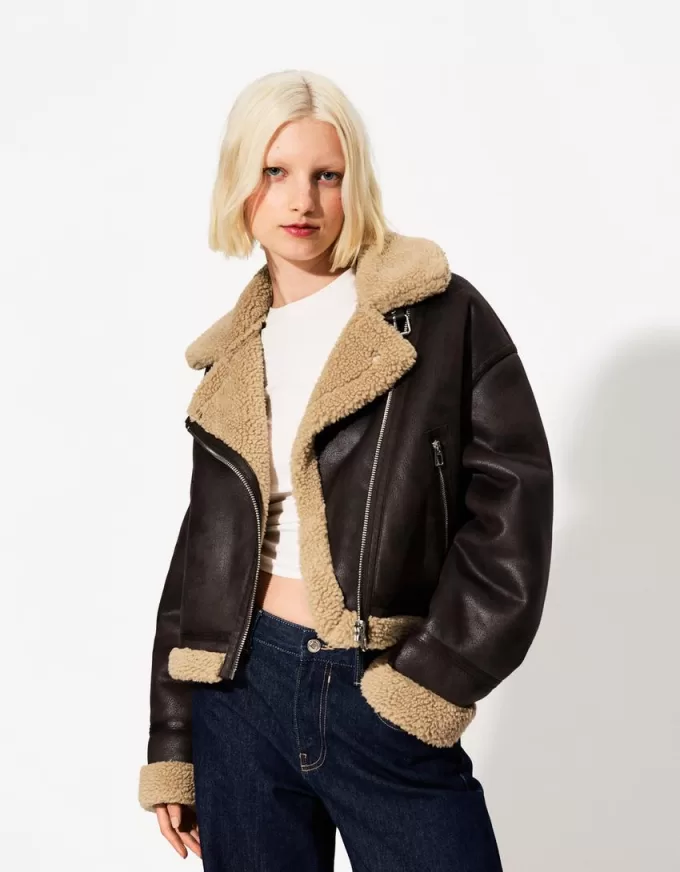 Chaqueta biker de borreguito sintético Brown