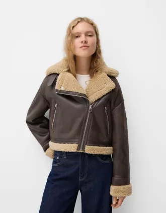 Chaqueta biker de borreguito sintético Brown